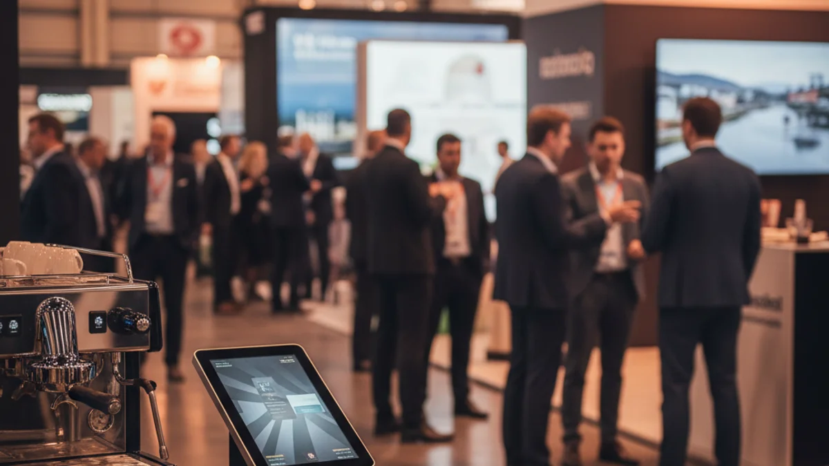 Imagen genérica de un salón profesional de hostelería con estands y equipamiento tecnológico.