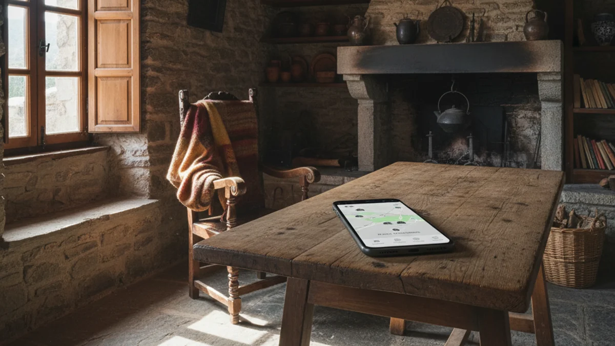 Imagen genérica de un teléfono móvil con una aplicación de mapas sobre una mesa de madera en una casa rural.