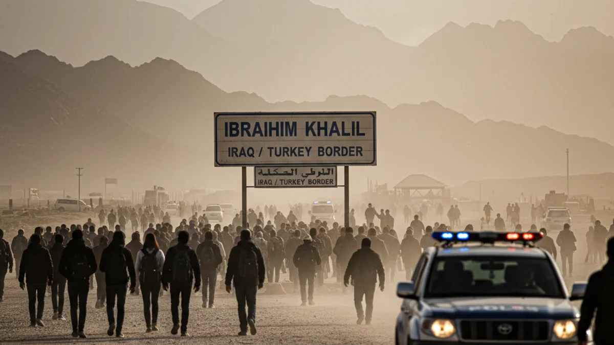 Imagen genérica de un paso fronterizo con señalización internacional en una zona de conflicto.