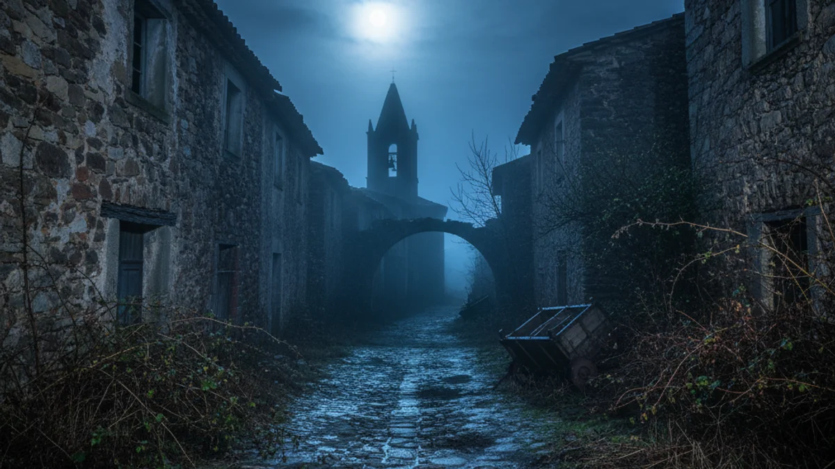 Imagen genérica de un pueblo abandonado bajo la luz de la luna llena con una atmósfera de misterio.