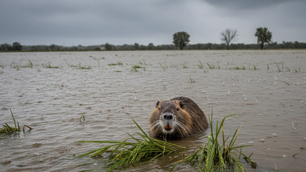 Imagen genérica de un campo de cultivo inundado con la presencia de un coipú, representando los daños a la agricultura.