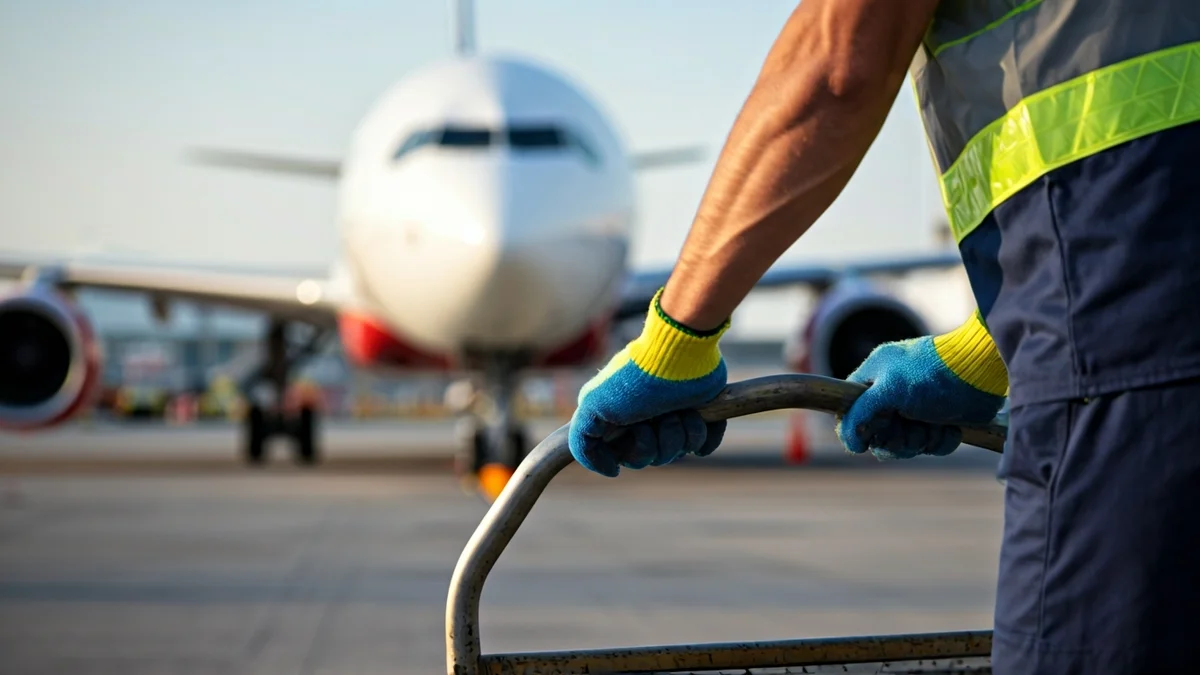 Imagen genérica de un trabajador de servicios de tierra de aeropuerto empujando un carro de maletas en la pista.