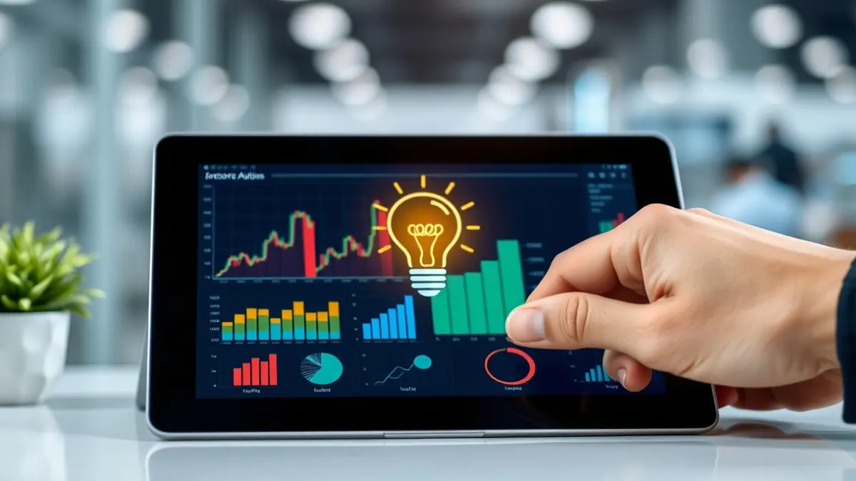 Imagen genérica: Mano colocando un icono de bombilla en una tableta digital con gráficos de negocios.