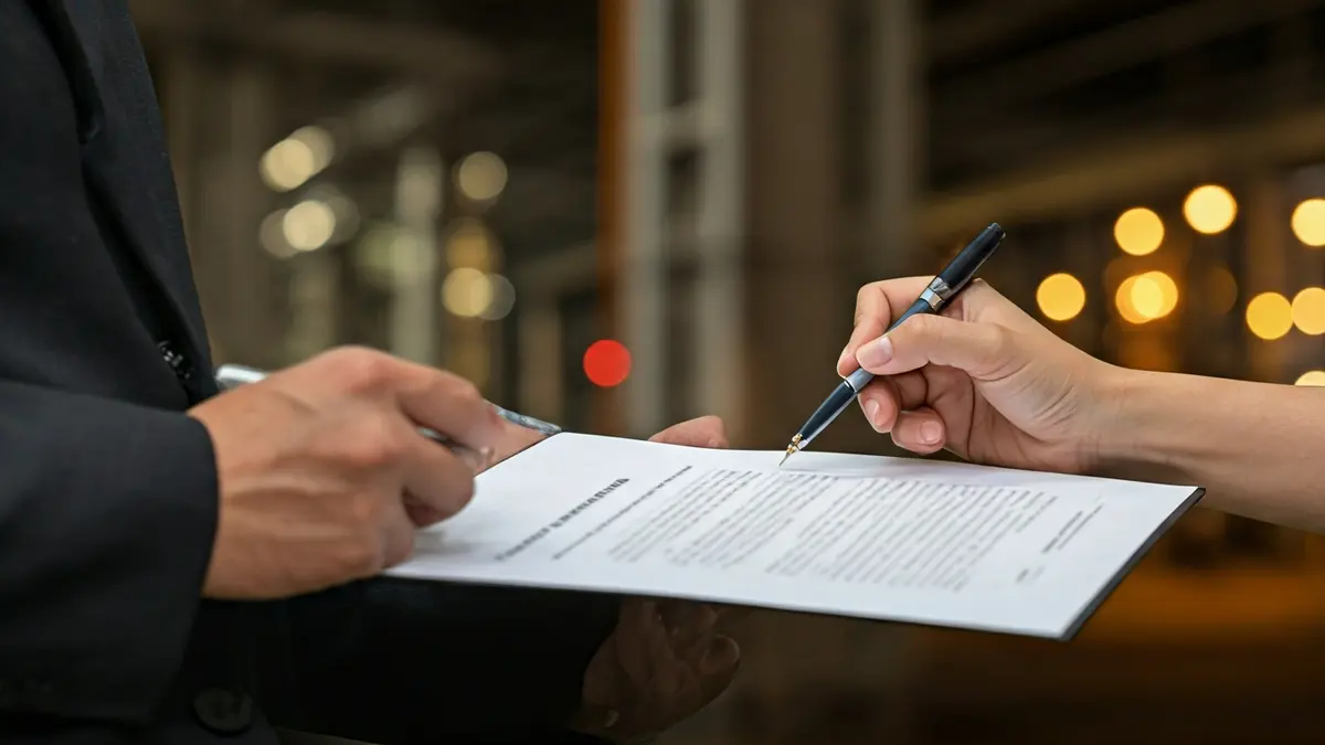 Two hands signing an agreement, with an industrial facility in Aiaraldea in the background.