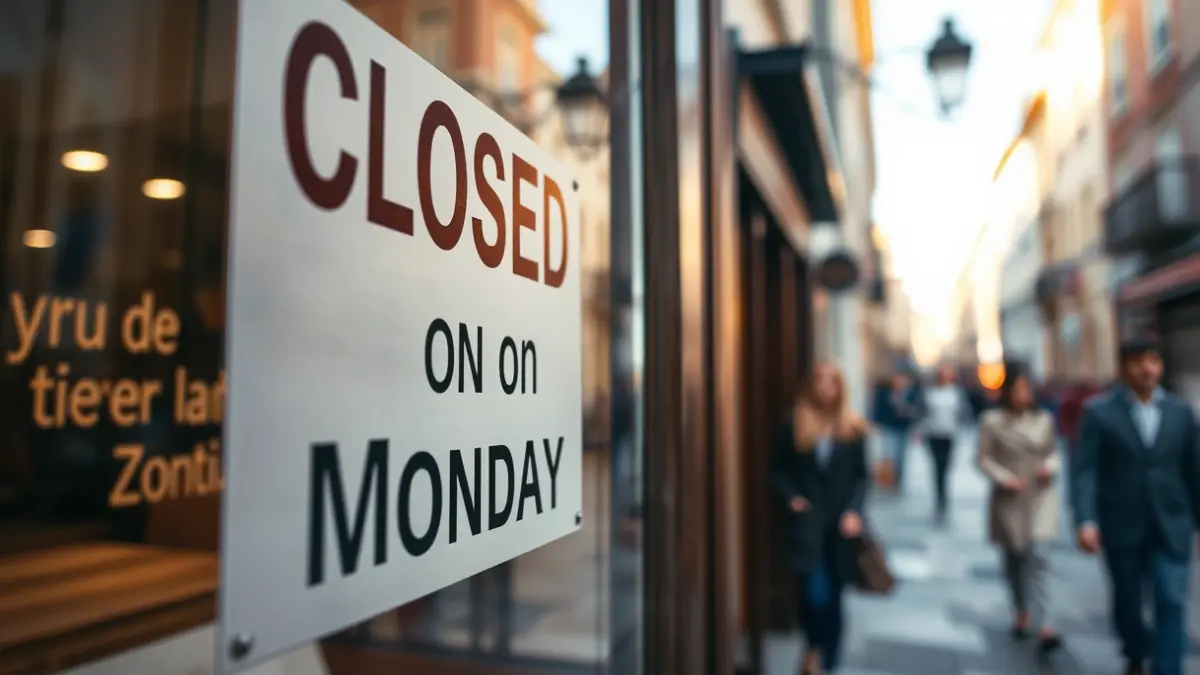 Imagen genérica de un cartel de 'Cerrado los lunes' en el escaparate de una tienda en una villa gallega.