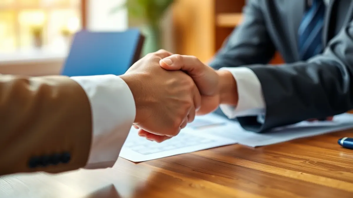 Imagen genérica de manos estrechándose en un ambiente de oficina, simbolizando acuerdos empresariales.