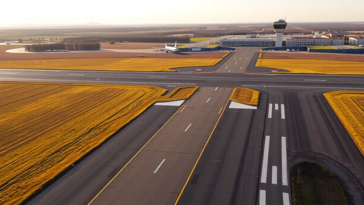 Imaxe aérea dunha pista de aeroporto coa torre de control ao fondo.