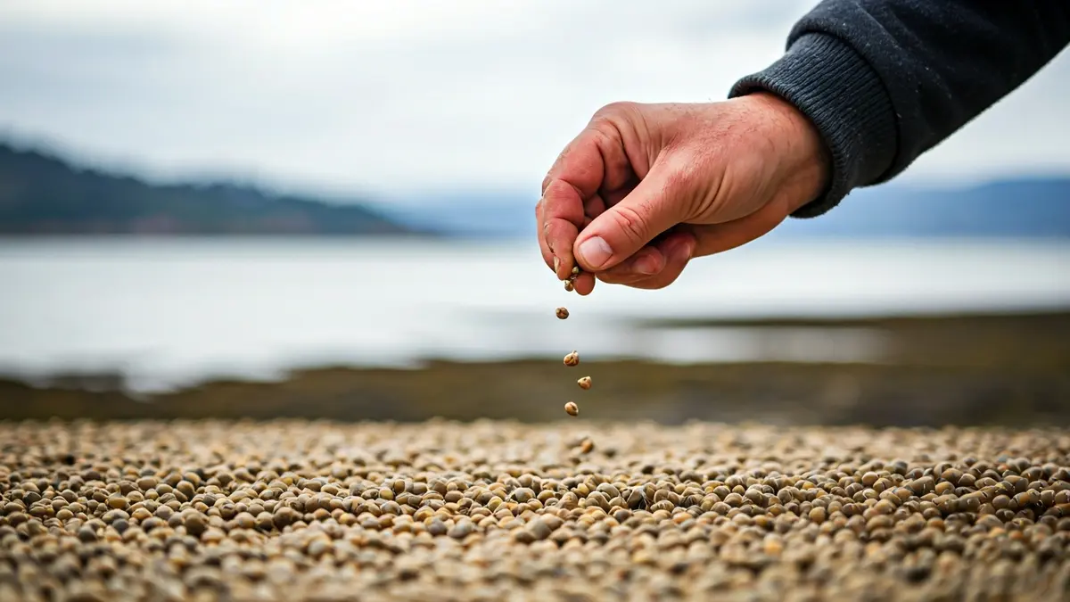 Imagen de una mano sembrando semillas de almeja en un banco de arena.