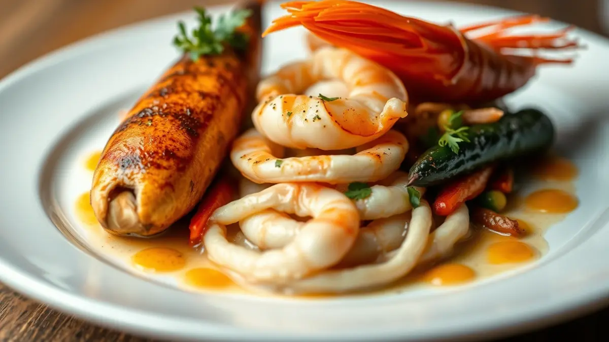 Imagen genérica de un plato gourmet con productos del mar y vegetales.