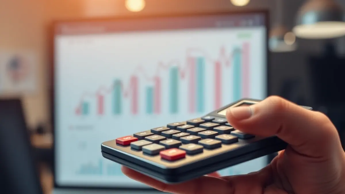 Imaxe xenérica dunha man sostendo unha calculadora con gráficos financeiros de fondo.