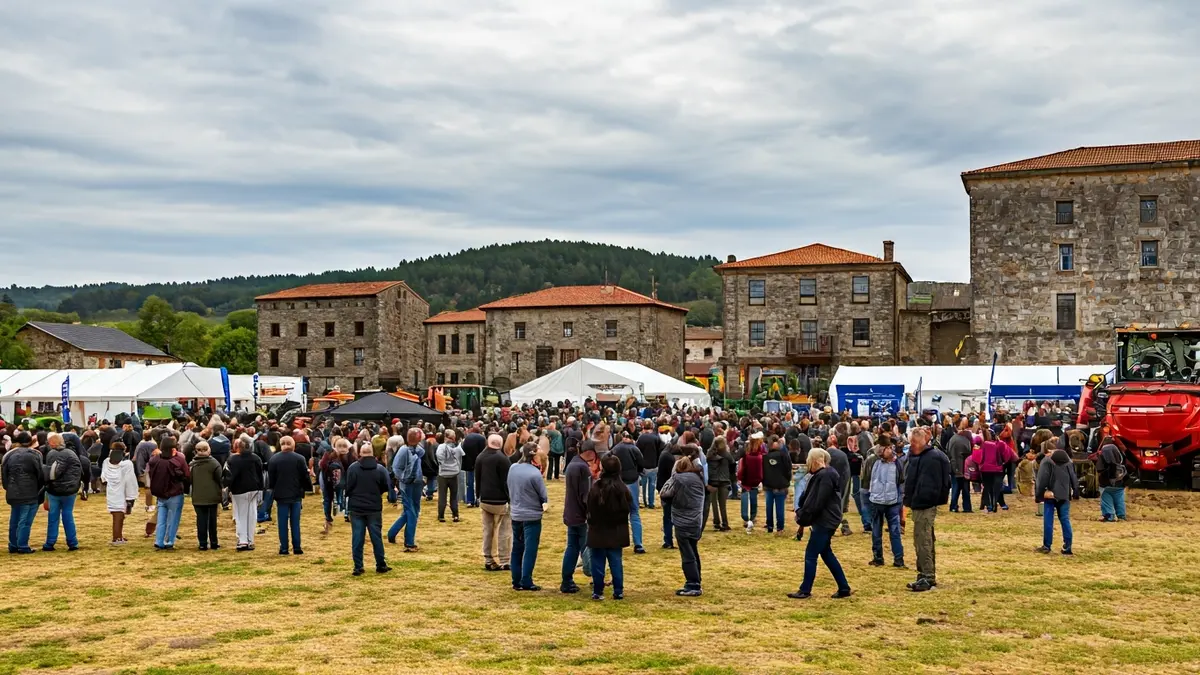 Imaxe dunha feira agrícola en Galicia con moita xente e maquinaria.