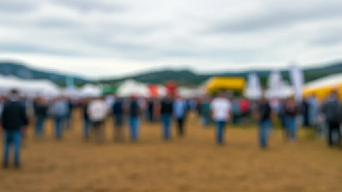 Imaxe dunha feira gandeira con moita xente e maquinaria agrícola.