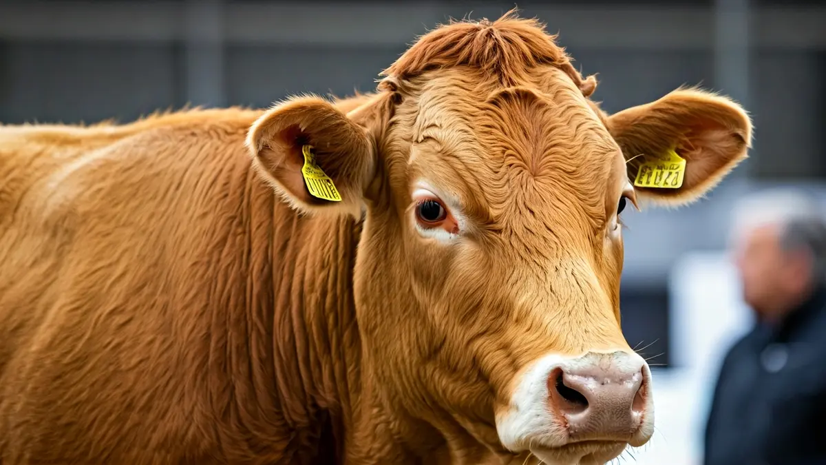 Imagen de una vaca de raza Rubia Gallega en una exposición ganadera.