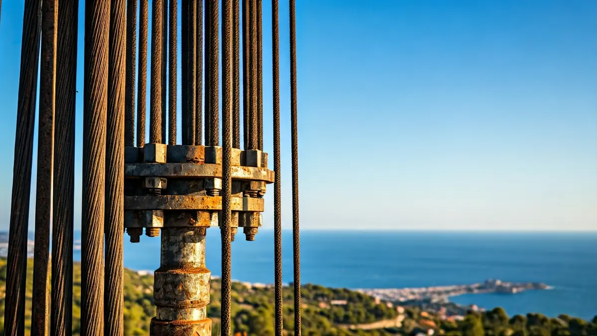 Imagen de una torre de perforación petrolera con el cielo azul de fondo y la costa mediterránea difuminada.