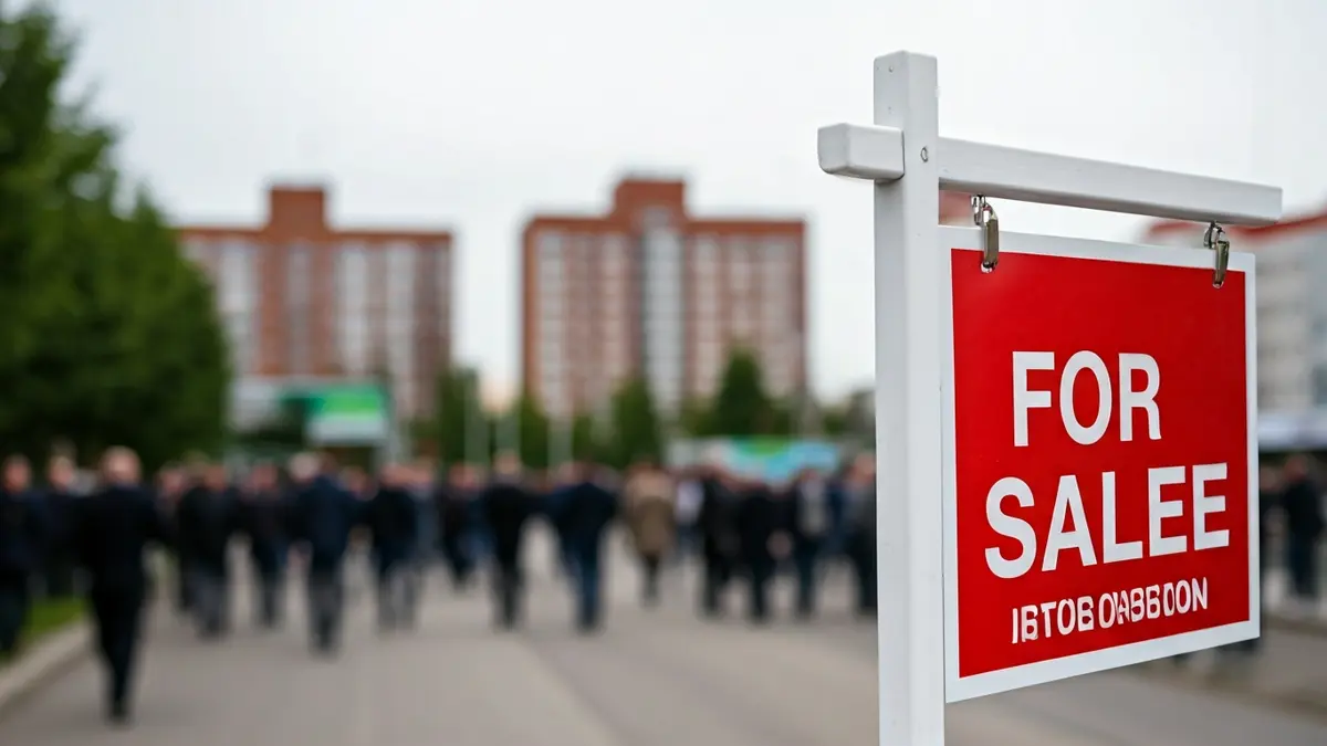 Imagen genérica de un cartel de 'Se Vende' con edificios de apartamentos al fondo.