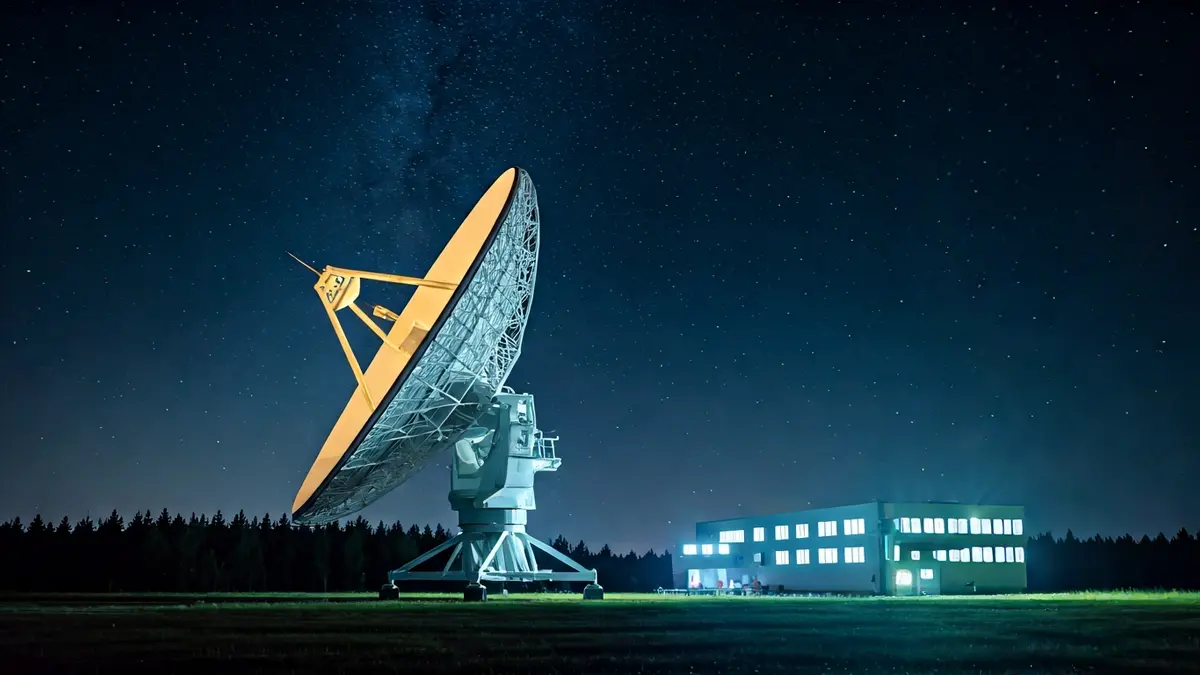 Imagen genérica de una antena parabólica apuntando al espacio, simbolizando la investigación espacial.