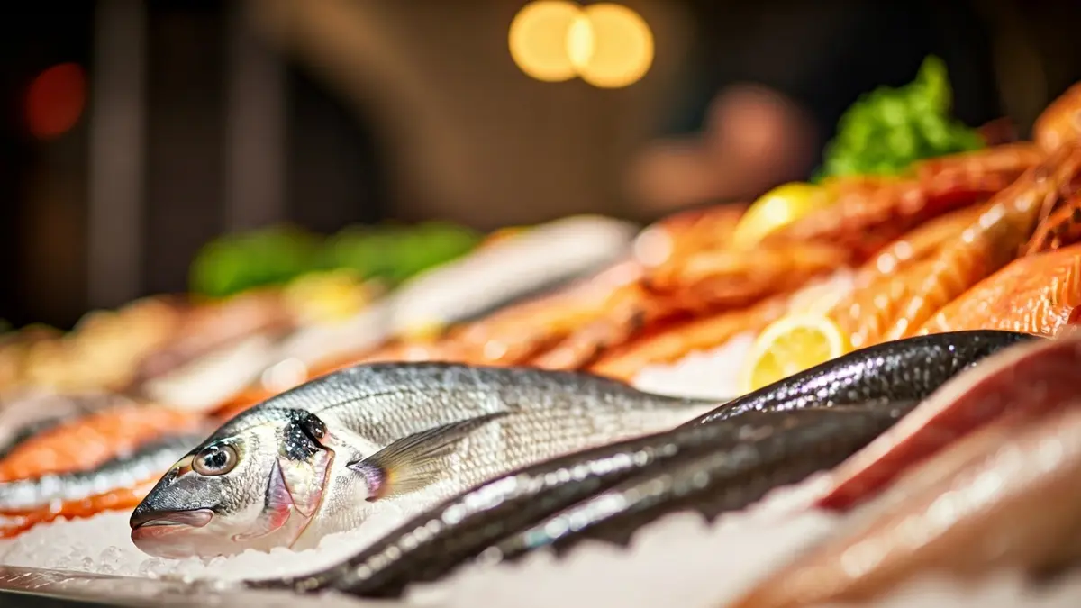 Imaxe xenérica de produtos do mar frescos nunha feira gastronómica.