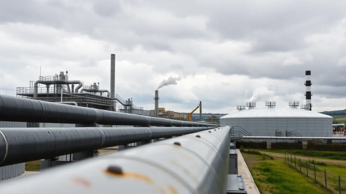 Imagen de una planta de biodiésel con tuberías y tanques industriales.