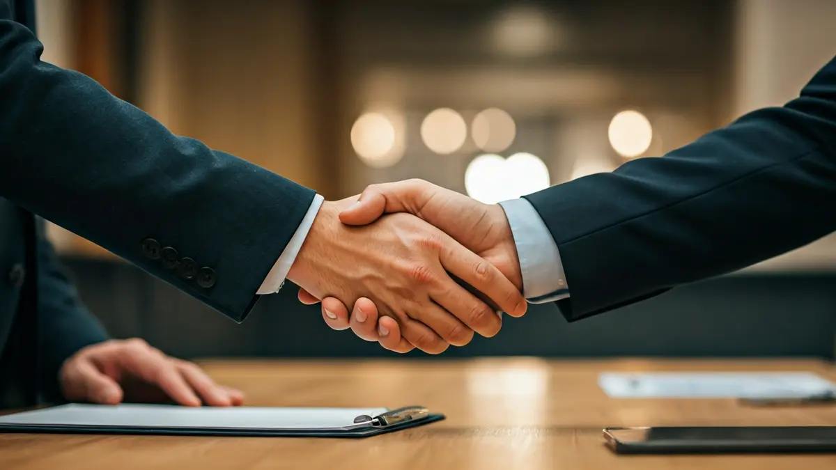 Imagen genérica de dos manos estrechándose sobre una mesa con papeles, simbolizando un acuerdo o diálogo.