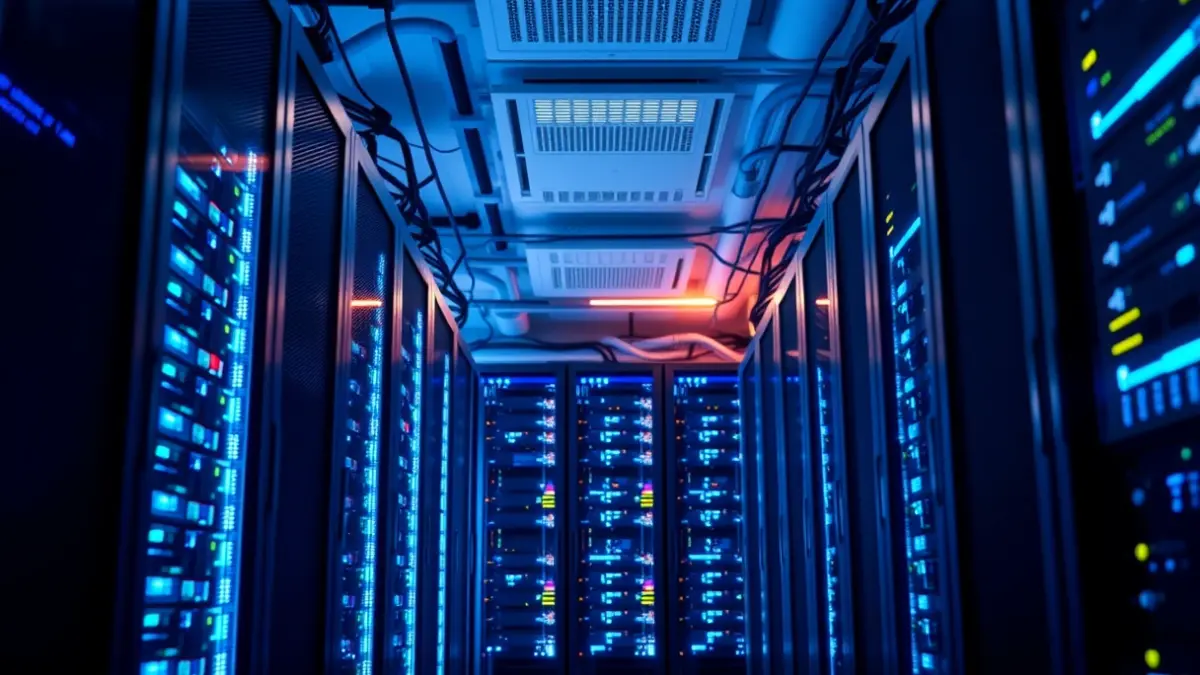 Imaxe xenérica dun centro de datos con servidores e luces parpadeantes.