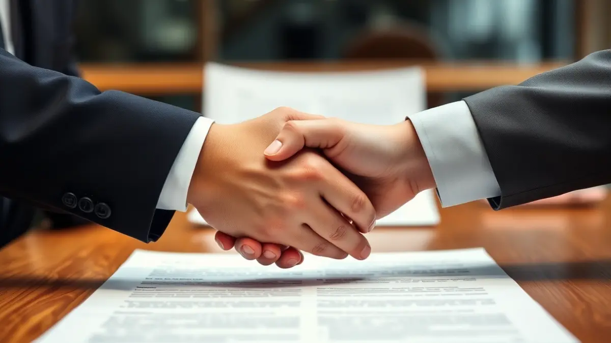 Imagen genérica de dos manos estrechándose sobre un escritorio de oficina, simbolizando un compromiso empresarial.