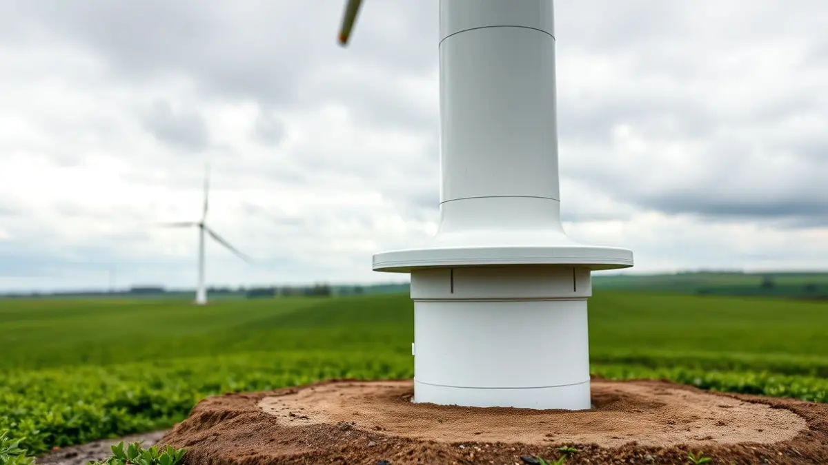 Imagen genérica de la base de un aerogenerador en un campo verde, representando la transición energética.