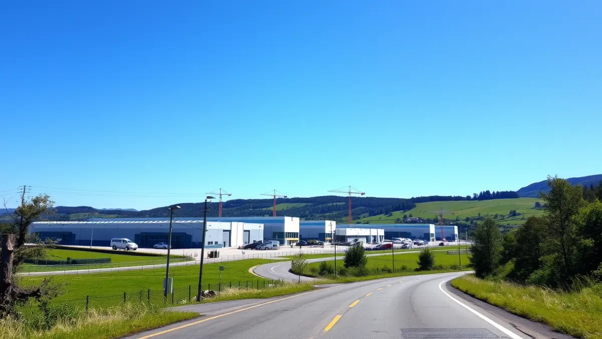 Imagen genérica de un parque industrial con almacenes logísticos modernos en construcción, grúas al fondo.
