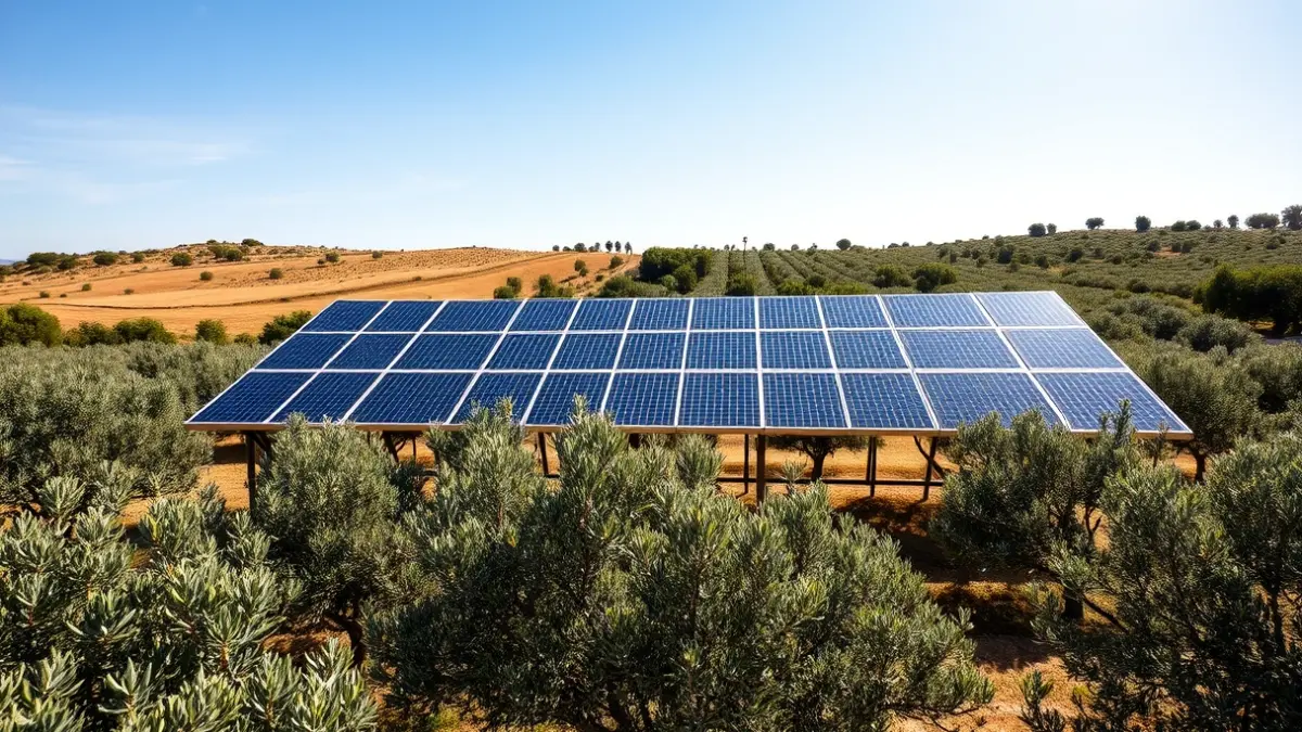 Paneles solares elevados sobre un olivar en producción