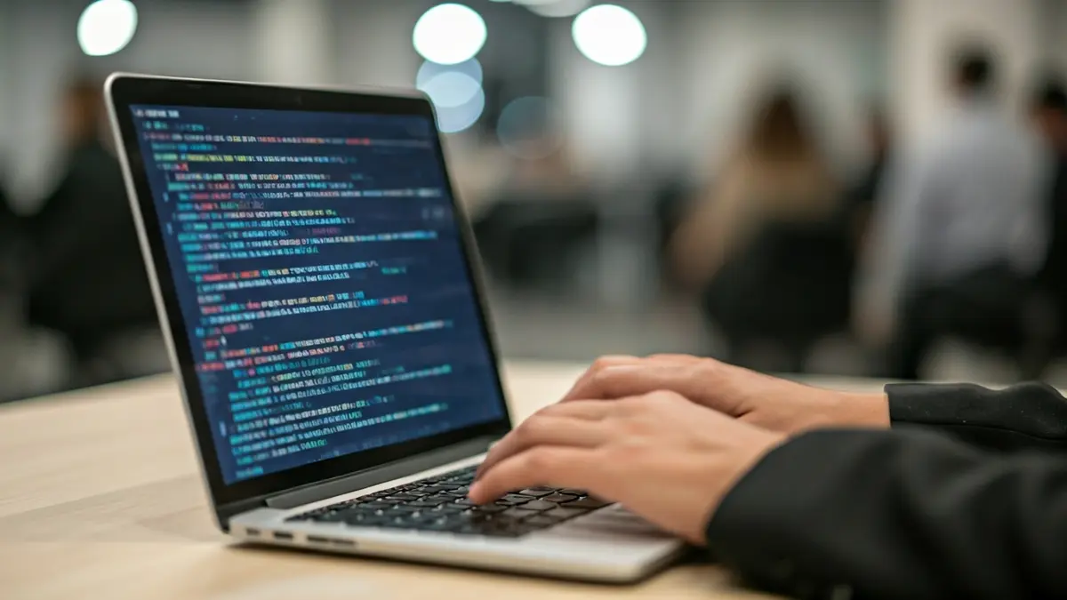 Imaxe xenérica dunha pantalla de portátil con código de IA e mans escribindo.