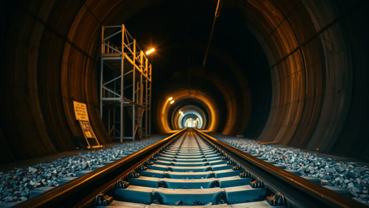 Imagen de un túnel ferroviario con obras de refuerzo y estructuras metálicas.