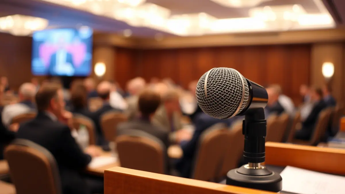 Generic image of a microphone on a podium in a conference room, representing a forum on technology and language.