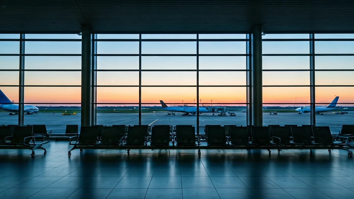Generic image of an empty airport at dawn, with airplanes on the runway.