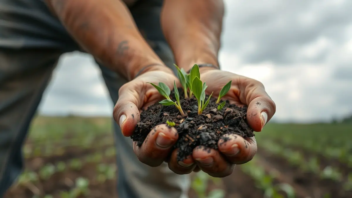 Imagen genérica de manos de agricultor sosteniendo tierra húmeda con brotes verdes.