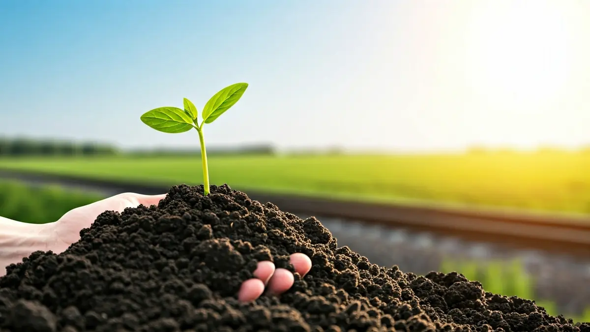 Image of a hand holding a plant sprout, with blurred agricultural fields and train tracks in the background.