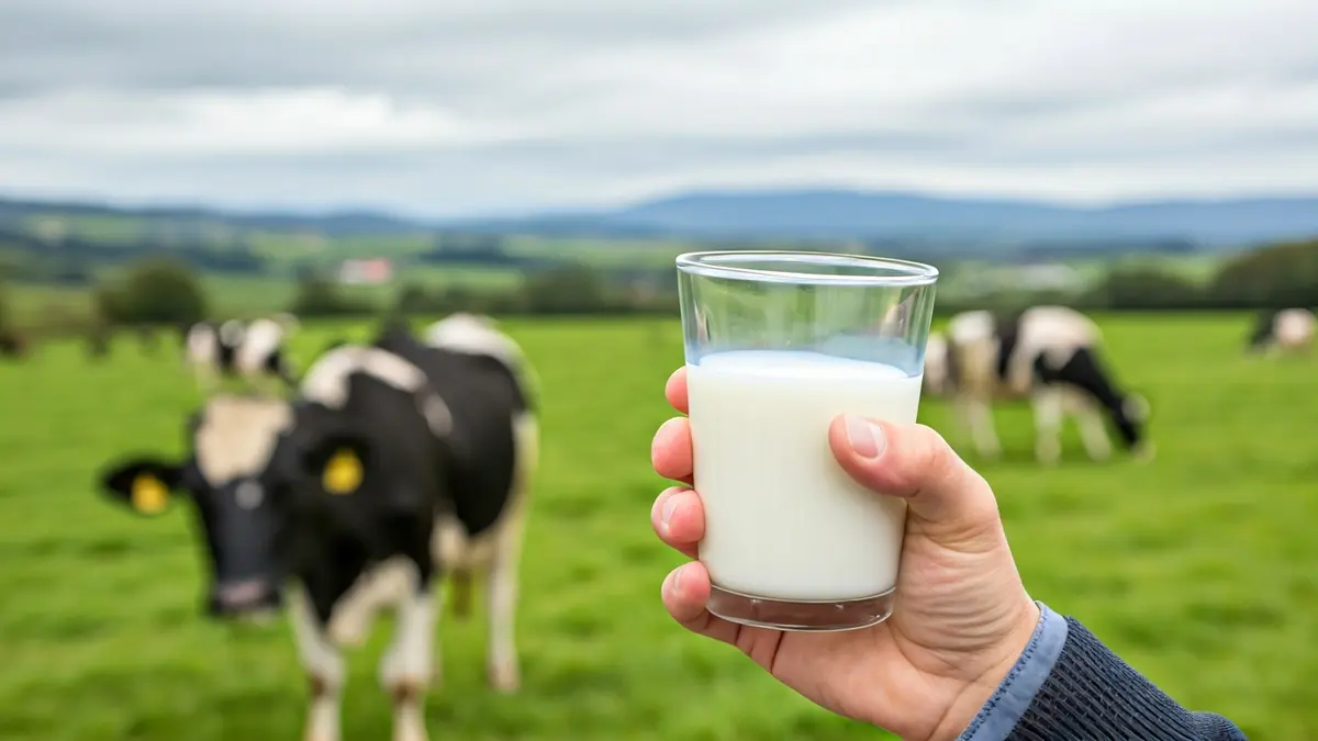 Imagen de una mano de ganadero sosteniendo un vaso de leche, con vacas al fondo.