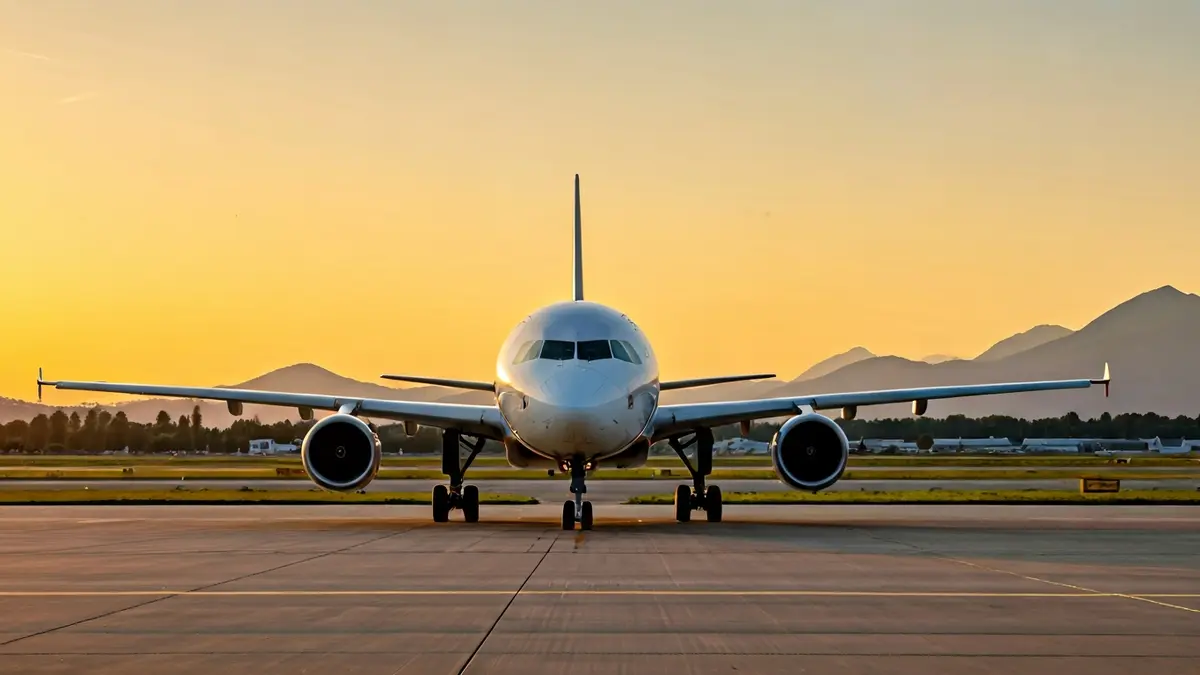 Imagen de un avión Airbus A321XLR en la pista de un aeropuerto al atardecer.