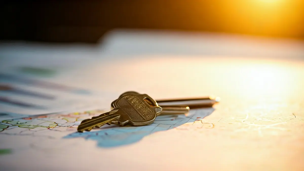 Imagen de una llave de casa sobre un mapa de la provincia de Alicante, con gráficos financieros borrosos al fondo, simbolizando el mercado inmobiliario y la demanda internacional.