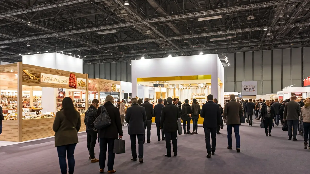 Generic image of an international quality food fair with stands and visitors.