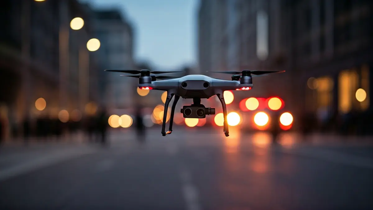 Generic image of a modern drone flying over a city at dusk.