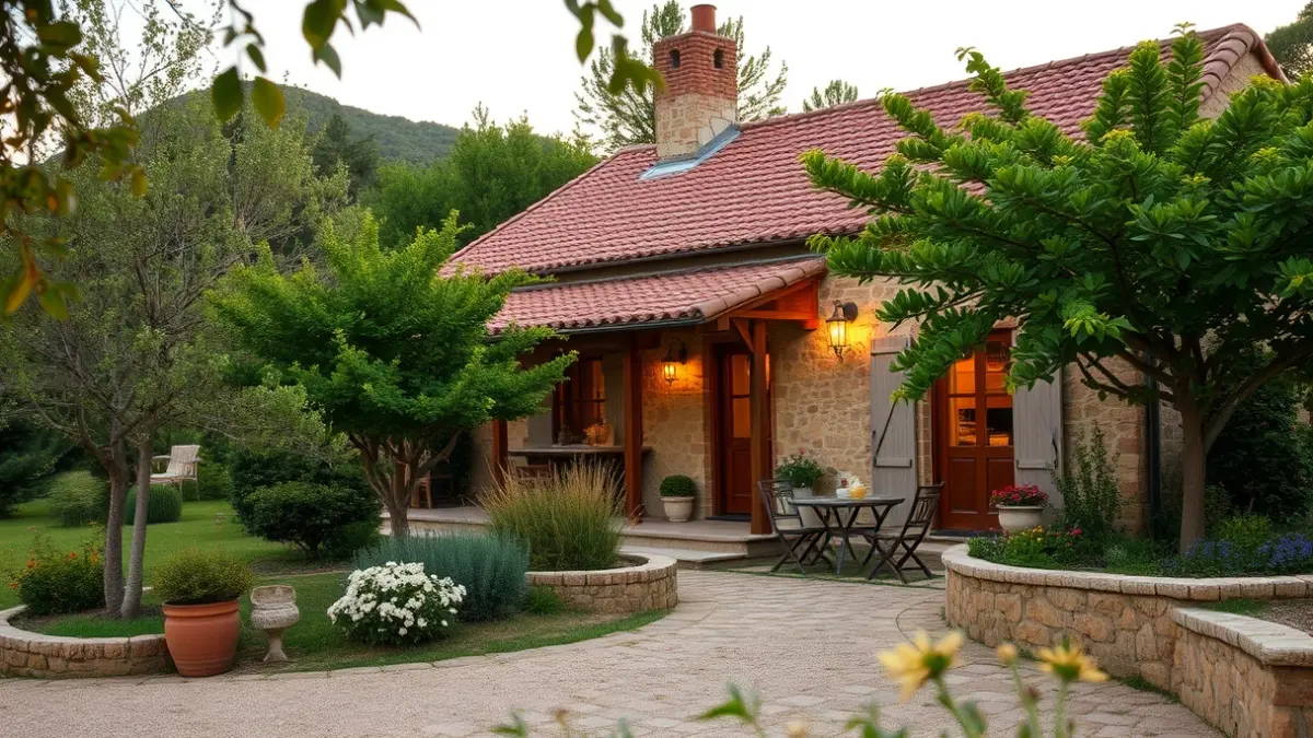 Image of a romantic rural cottage in a natural setting, with warm evening light.