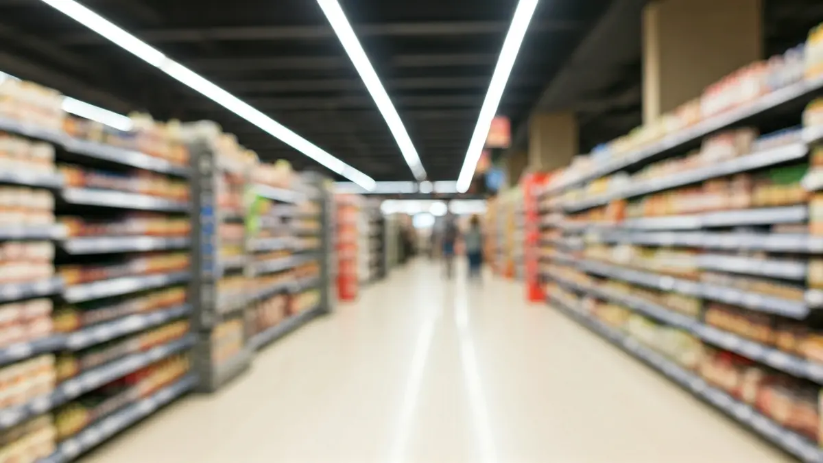 Imagen genérica de un supermercado moderno con pasillos amplios y estantes llenos de productos.