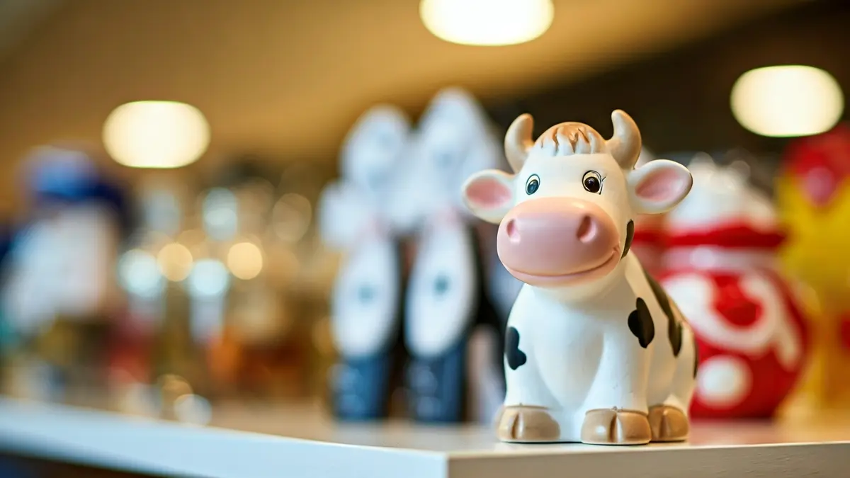 Image of a cow figure, symbol of the Ale-Hop brand, in a store setting.
