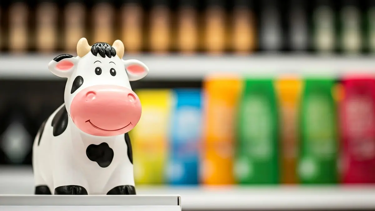 Imagen de una vaca de juguete, símbolo de la marca Ale-Hop, en un entorno comercial.