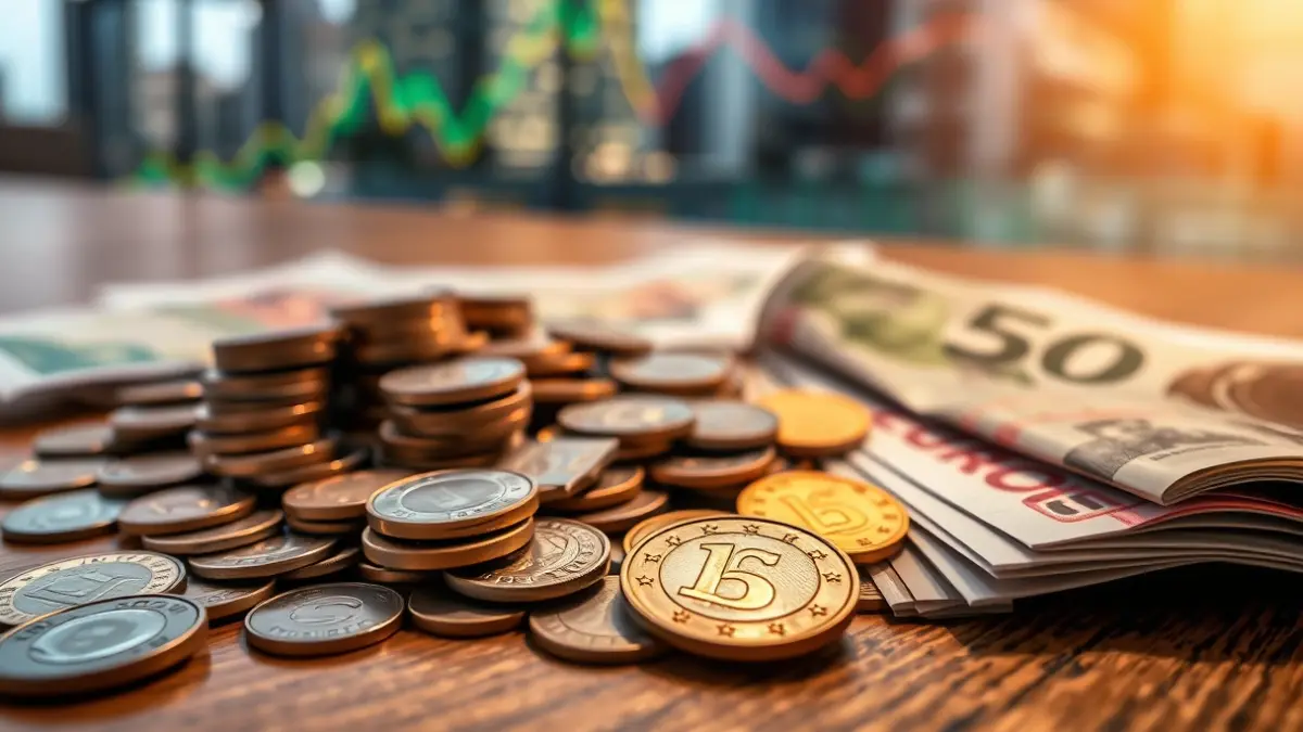 Generic image of euro coins and banknotes on a wooden table, with financial charts in the background.