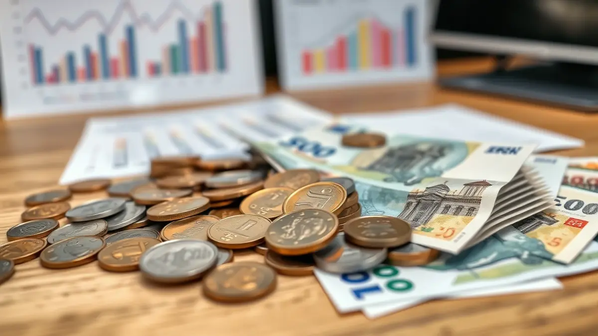 Imagen genérica de monedas y billetes de euro sobre una mesa, con gráficos financieros desenfocados al fondo.