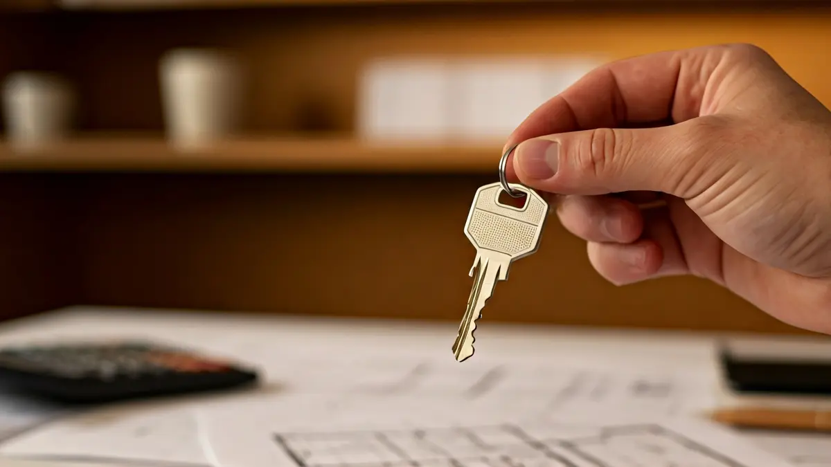 Generic image of a hand holding a house key, with blurred plans and calculator in the background.
