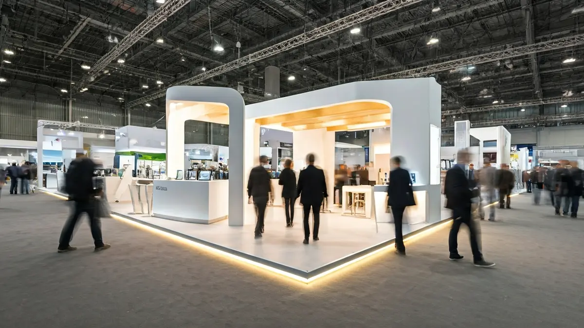 Generic image of an exhibition stand in a shopping center, with innovative products and blurred people in the background.