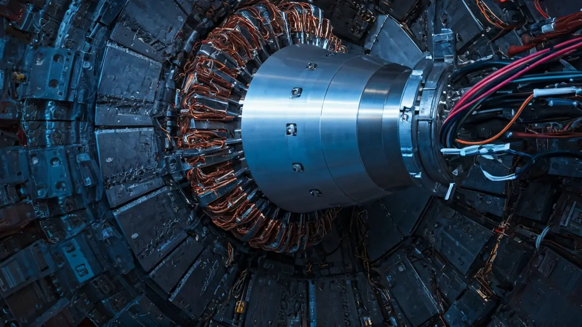 Particle accelerator component with wiring and metallic surfaces, illuminated with blue light.