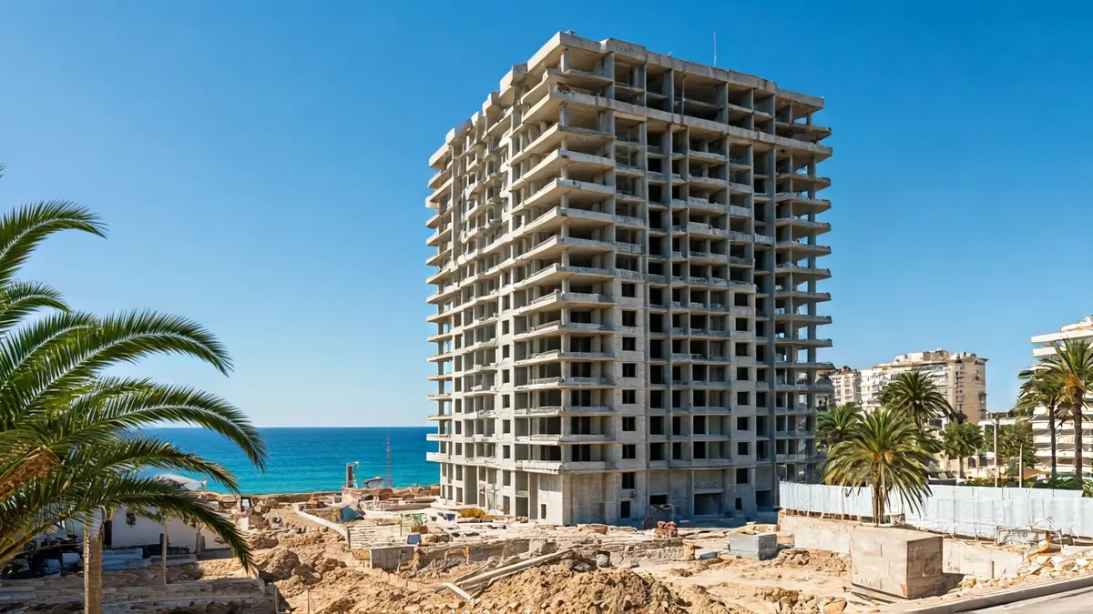 Image of a luxury apartment building under construction in a Mediterranean coastal town.
