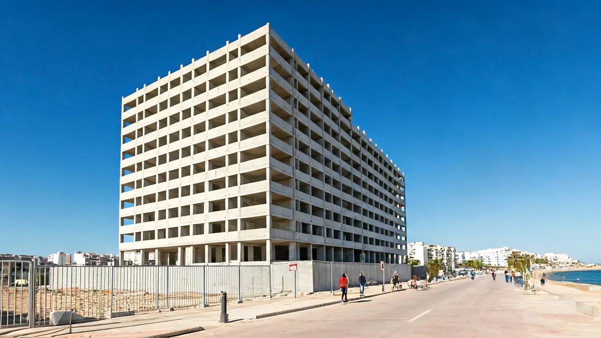 Imagen de un edificio residencial en construcción en la playa del Arenal de Xàbia, con la estructura ya finalizada.